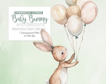 Conejito bebé con globos neutros Acuarela ClipArt Single