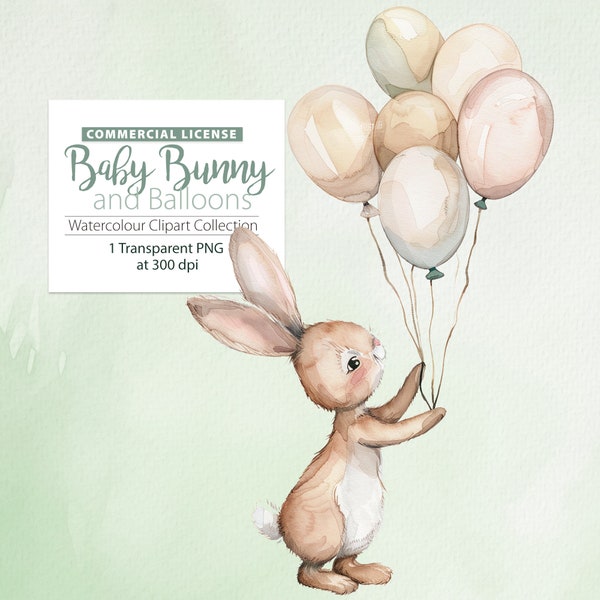 Baby Bunny with Neutral Balloons Watercolour ClipArt Single