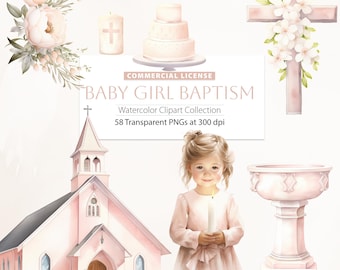 Baby Girl Baptism Watercolor Clipart, Catholic Cross, Christening Graphics (Digital Download)