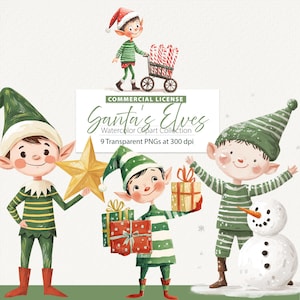 Clipart di elfi di Natale per bambini, Clipart di elfi festosi, Clipart di elfi delle vacanze, Pacchetto di clipart di elfi di Natale, Grafica di elfi, Clipart di elfi acquerellati