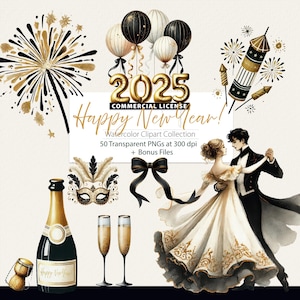 Pacchetto Clipart di Capodanno 2025, Felice Anno Nuovo, Grafica PNG 2025, Festa di Capodanno, Vigilia di Capodanno, Celebrazione del Capodanno, Oro Nero, Elegante