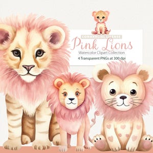 Collection de cliparts aquarelles de bébés animaux de safari, lions aquarelles, bébés animaux, animaux de safari mignons, lions roses, chambre de bébé fille