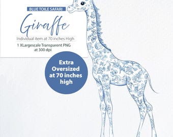 EXTRA OVERSIZED 70 inch, Toile Giraffe, blauwe toile-clipart, chinoiserie png, French Toil de Jouy, chinoiserie-clipart, toile bloemen