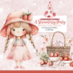 Clipart de morango em aquarela, clipart de primeiro aniversário de baga fofa, festa de morango, cupcake de morango, doces em aquarela, clipart de frutas fofas