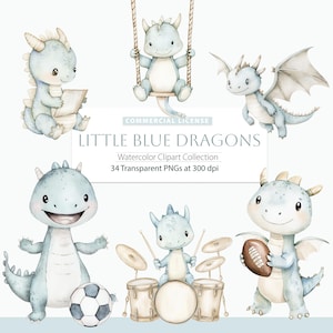 Lindo dragón de acuarela, dragón transparente, imágenes prediseñadas de libros de dragones, dragón sentado, dragón volador, gráficos de dragones, baby shower de niño