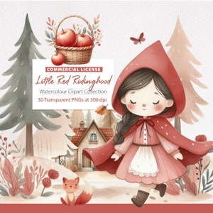Clipart di Cappuccetto Rosso, Clipart ad acquerello, Fiabe dei Grimm, Clipart di libri di fiabe, Lupo cattivo, Clipart ragazza carina, download immediato