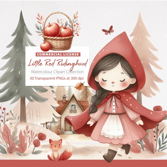 Little Red Riding Hood Watercolor Clipart, Fairytale PNG (Digital Download)