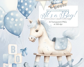 Baby Boy Watercolor Clipart, Nursery Theme (35 PNGs)
