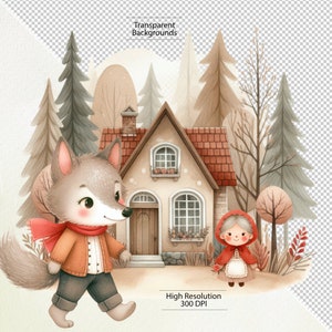Little red riding hood clipart, nursery rhyme clipart, fairy tale clipart,  woodland clipart, forest clipart, wolf clipart, House in the forest, Grandma, wolf as grandma, tea set, big bad wolf, vintage fairytale, little red ride hood