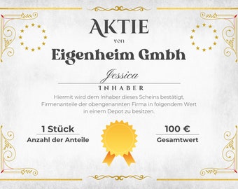 Aktien Urkunde / Geschenk zum Ausdrucken / Geldgeschenk / PDF / besonderes Geschenk / Digitaler Ausdruck / DIN A4 / Personalisiert / Stock