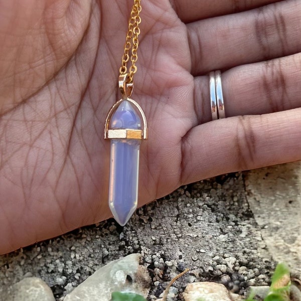 Real Opalite Crystal Point Necklace. Opalite Pendant. Hexagonal Crystal Energy Necklace.