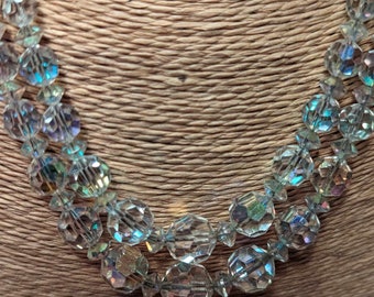 Vintage double Strand Aurora Borealis Clear Crystal Bead Necklace.