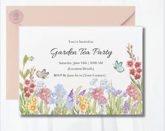 Invito al Tea Party in giardino / Modelli Canva / Menu del Tea Party / Tea Party per la festa nuziale / Invito al Tea Party floreale / Tea Party digitale