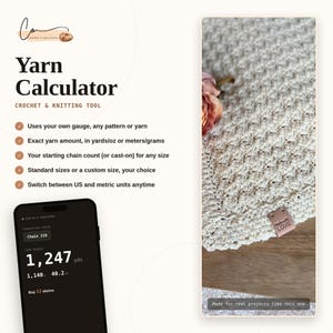Könnte beinhalten: Ein digitales Garnrechner-Tool für Häkel- und Strickprojekte. Die Benutzeroberfläche zeigt eine Grundkette von 218 Maschen mit einem berechneten Bedarf von 1.247 Yards, 1.140 Gramm und 40,2 Unzen, was 12 Garnknäuel für das Projekt ergibt.