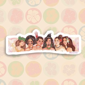 May include: A watercolor painting of six women with dark hair and brown skin wearing floral headbands and traditional jewelry. The women are smiling and looking at the viewer. The painting is set against a pink background with a white border. The text "@by.terewai" is in the bottom right corner.