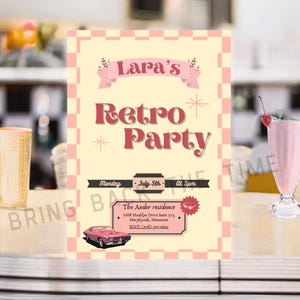 Convite retrô editável, convite vintage, cartão de aniversário personalizável, cartão de aniversário retrô dos anos 50, festa de retorno, tema dos anos 50, para impressão
