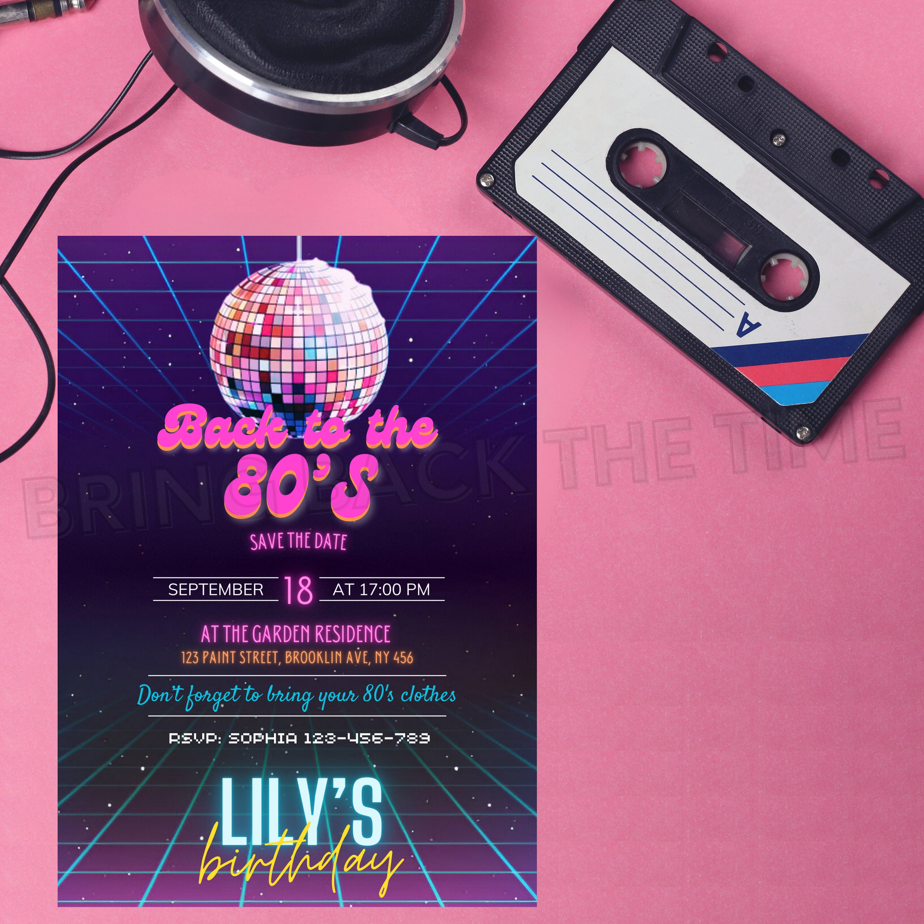 Editable back in the 80s invitation retro vintage invitation customizable neon birthday card 80s birthday card Throwback