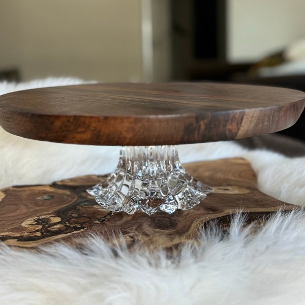 Wedding Cake Stand Walnut finish wood cake plate Crystal cake riser Round platform Elegant cake stand Crystal Serving tray Mothers day gift