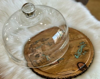 Unique Cake plate with dome Cupcake platter Domed Dessert tray Wood infused with natural stone turquoise Copper food platter decorative tray