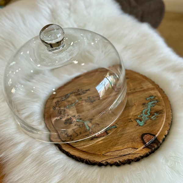 Unique Cake plate with dome Cupcake platter Domed Dessert tray Wood infused with natural stone turquoise Copper food platter decorative tray