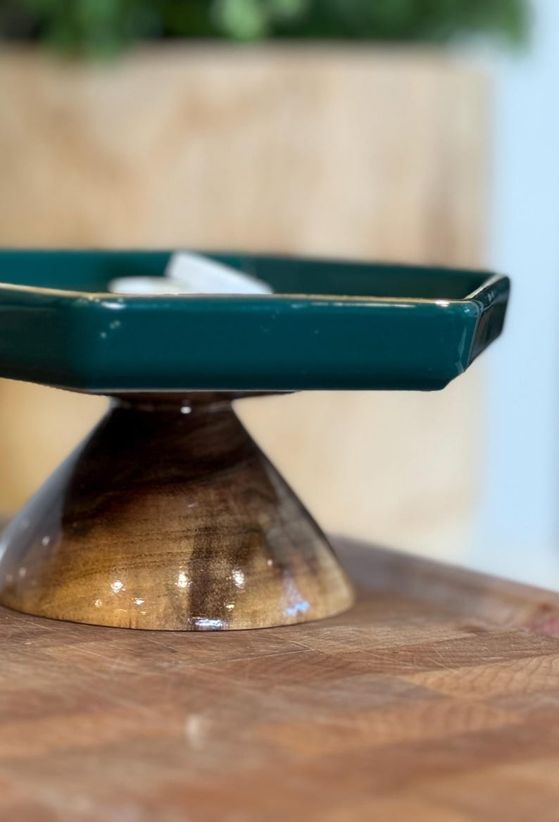 Green and Gold Decorative Ceramic Tray Hand Turned Wood Pedestal Home