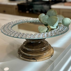Mirror top Cake stand hand turned wood pedestal Cake plate display Sparkly platter wood Riser dessert decorative display unique gift