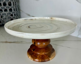 Stunning Marble Ceramic Cake Stand Cake plate Wooden pedestal Beautiful Wedding Gift Dessert Tray Display Stand Serving Dish Mother's Day