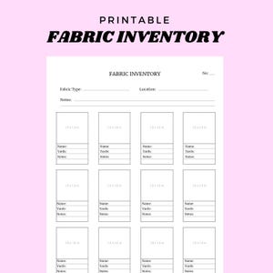 Könnte beinhalten: Druckbares Stoffinventarblatt mit Abschnitten für Stoffart, Standort und Notizen. Das Dokument enthält Bereiche zur Erfassung von Stoffname, Meter und zusätzlichen Notizen. Der Titel "FABRIC INVENTORY" steht in fetten, schwarzen Buchstaben.