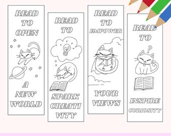 4 simpatici segnalibri da colorare stampabili a forma di gattino per bambini, colora il tuo segnalibro a forma di gatto in formato PDF