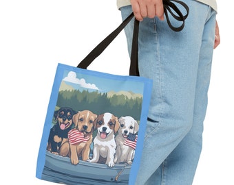 Puppy Dog Tote Bag, Sunset Lake Scene