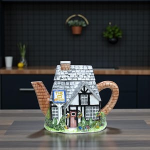 May include: A novelty ceramic teapot in the shape of a traditional pub, "The Crown." The teapot has a brick spout and handle, a grey tiled roof, and a sign that reads "The Crown." The base is decorated with green foliage and colourful flowers.