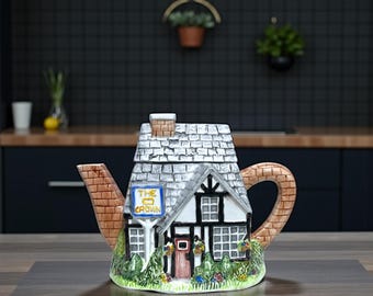 Teiera in ceramica ornamentale vintage da collezione del pub The Crown, prodotta da Annie Rowe negli anni '80 / Teiera