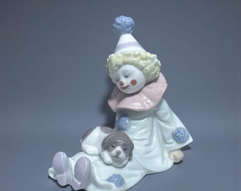 Figurine vintage Lladro en porcelaine « Pierrot avec chiot » #5277 Fabriquée en Espagne 1985 | Objet de collection | Clown