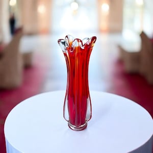 Vintage Italian Murano Sommerso Red, Orange & Clear Glass Art Tall Vase 1970s Hand Blown | Swung | Italy | Sculpture | MCM | Home Decor
