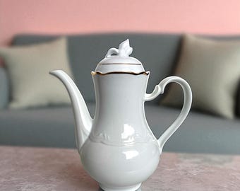 Vintage Kahla wit-gouden porseleinen thee-/koffiepot, DDR, ca 1970 | Oost-Duits aardewerk | Elegant