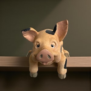 May include: A tan and black spotted pig ornament with a smiling expression. The pig has a pink snout and ears, and is resting its front legs on a wooden ledge. The ornament is a decorative item.