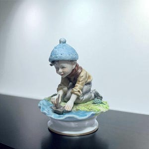 Vintage Very Rare Capodimonte Porcelain &quot;Boy with Boat in the Lake&quot; Sculpture - Marked And Signed by Milio Figurine c1960s | Italian | Italy