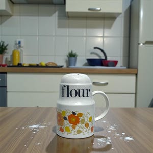 Puede incluir: Un recipiente de cerámica blanca para harina con asa, con la palabra "flour" en negro. Decorado con motivos florales naranjas, amarillos y verdes. Harina esparcida sobre la superficie de madera. Aproximadamente 15-20 cm de alto.