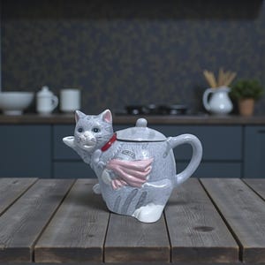 Może przedstawiać: Szara ceramiczna czajniczek w kształcie kota, z czerwoną obrożą i różowym szalikiem. Czajniczek ma pokrywkę i uchwyt. Twarz kota jest szczegółowa z wąsami i niebieskimi oczami. Czajniczek stoi na drewnianym stole.