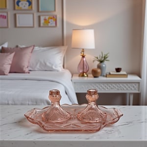 May include: Two pink glass candle holders sit on a decorative tray, placed on a marble surface. The candle holders feature a detailed, textured design. The tray has a scalloped edge and a geometric pattern. A bed and a bedside table with a lamp are in the background.