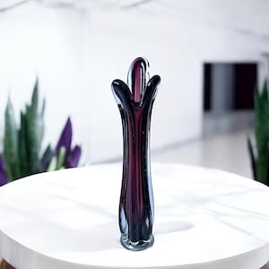 Vintage Italian Murano Amethyst & Clear Glass Art Bud Vase 1970s Hand Blown | Sommerso | Swung | Italy | Sculpture | MCM | Purple | Elegant