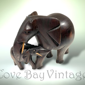 Vintage Hand Carved Wooden African Elephant & Calf with Wooden Tusks | Africa | Teak | Elephants |
