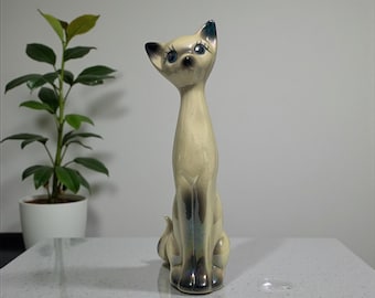 ヴィンテージの手描き陶器の長い首の猫 - イタリア製、ミッド