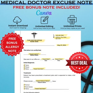 Nota médica para el trabajo, justificante médico, carta de justificante médico, justificante por alergia, justificante médico rellenable, descarga instantánea de Canva