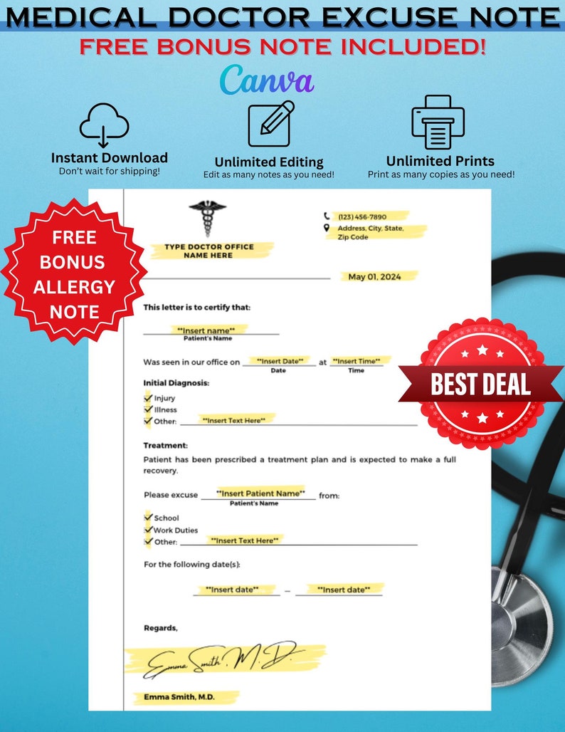 Editable Doctor's Note Template: Medical Excuse (canva Digital Download ...