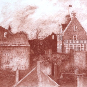 May include: A sepia toned drawing of a building with a flag on top. The building is surrounded by other buildings and trees. The drawing is done in a realistic style.