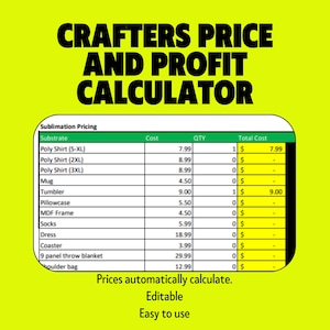 Puede incluir: Una hoja de cálculo verde y amarilla con el título "Craftes Price and Profit Calculator". La hoja de cálculo enumera varios productos de sublimación, su costo, cantidad y costo total. La hoja de cálculo está diseñada para ayudar a los artesanos a calcular sus precios y ganancias.