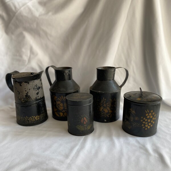 Antique Toleware Painted Floral Metal Tin Cannisters, Set of 5