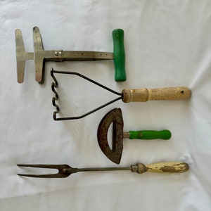 Vintage Kitchen Tools & Gadgets with Green and Yellow Wood Handles, Farmhouse, 4 total