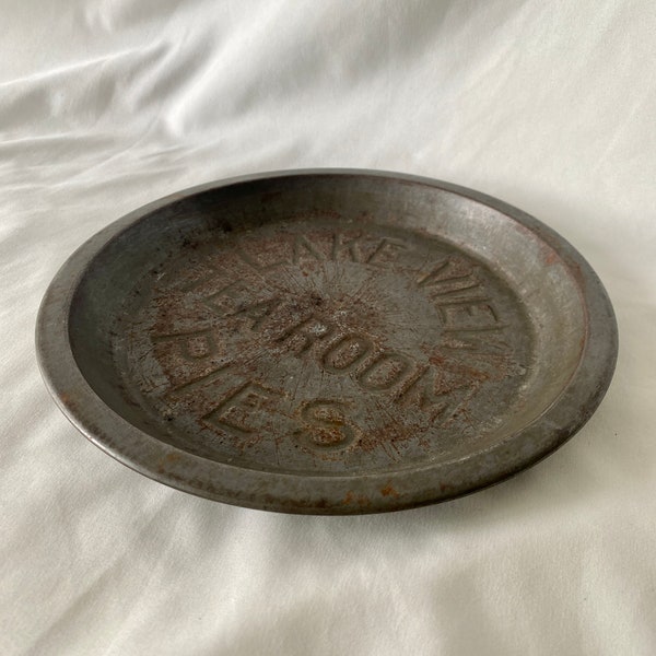 Vintage Tin Pie Pan Plate, Embossed 'Lake View Tearoom Pies', 9"dia, Farmhouse Kitchen Cottage Country Rustic